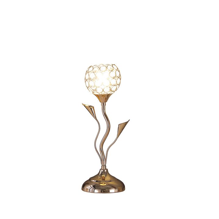 Metal Table Lamp with Floral Shade and Acrylic Crystals, Gold-Benzara