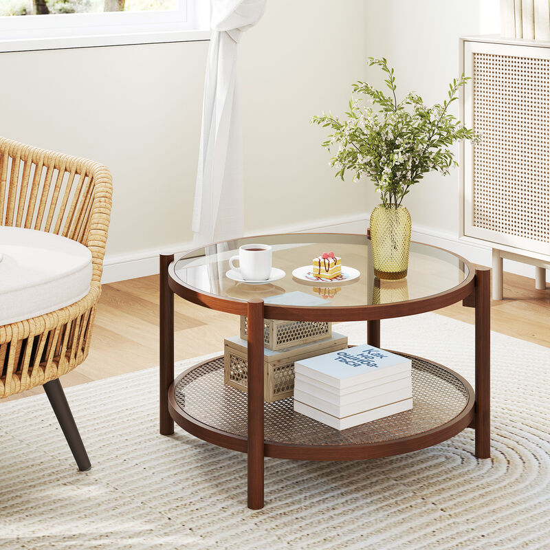 Elegant 2-Tier Round Coffee Table with Glass Surface and Open Storage