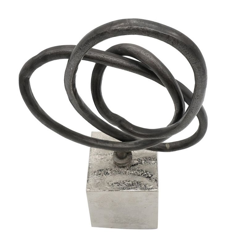 9 Inch Table Sculpture, Abstract Loop Design, Block Base, Black, Silver - Benzara