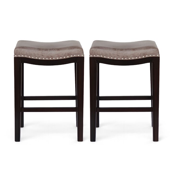 Feine Counter Stool Set of 2, Nailhead Trim, Taupe Gray Faux Leather