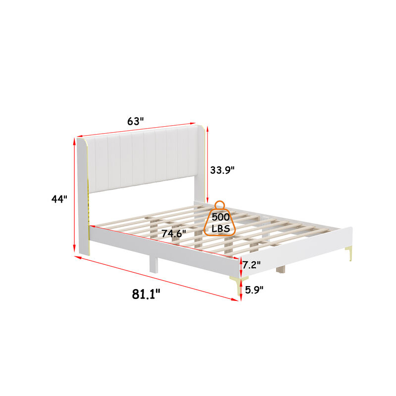 FUFU&GAGA Modern White and Gold Bed Frame with PU Leather Headboard, P2 MDF Construction, and Sturdy Golden Feet (81.1" L x 63" W x 44" H),White and Gold