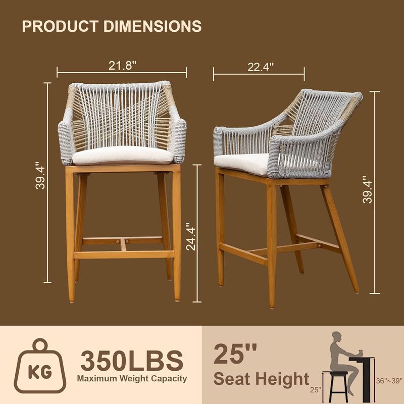 CLIHOME Modern Textilene Bohemian Style Counter Bar Chairs,Outdoor Patio Aluminum Tall Bar Chairs with Cushion(Set of 2) image number 7