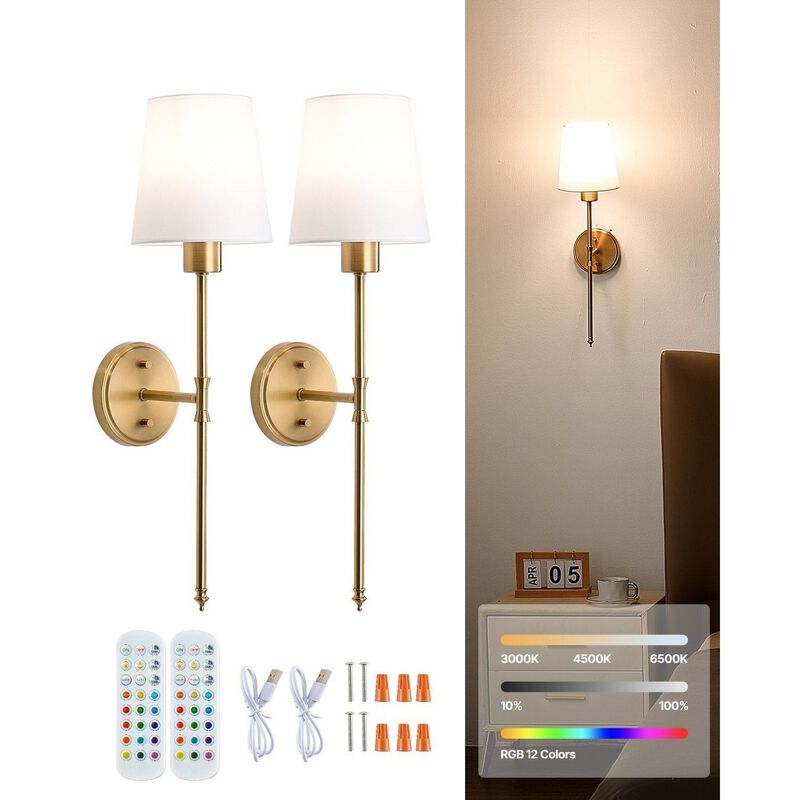 Rechargeable Battery Wall Lights Set of 2 with Remote, 30 Modes & 12 RGB Colors-Gold image number 7