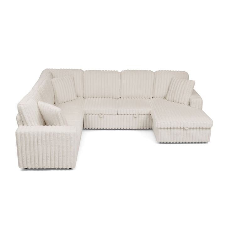 Tercex U‑Shape Corduroy Striped Pull‑Out Sleeper Sectional Sofa