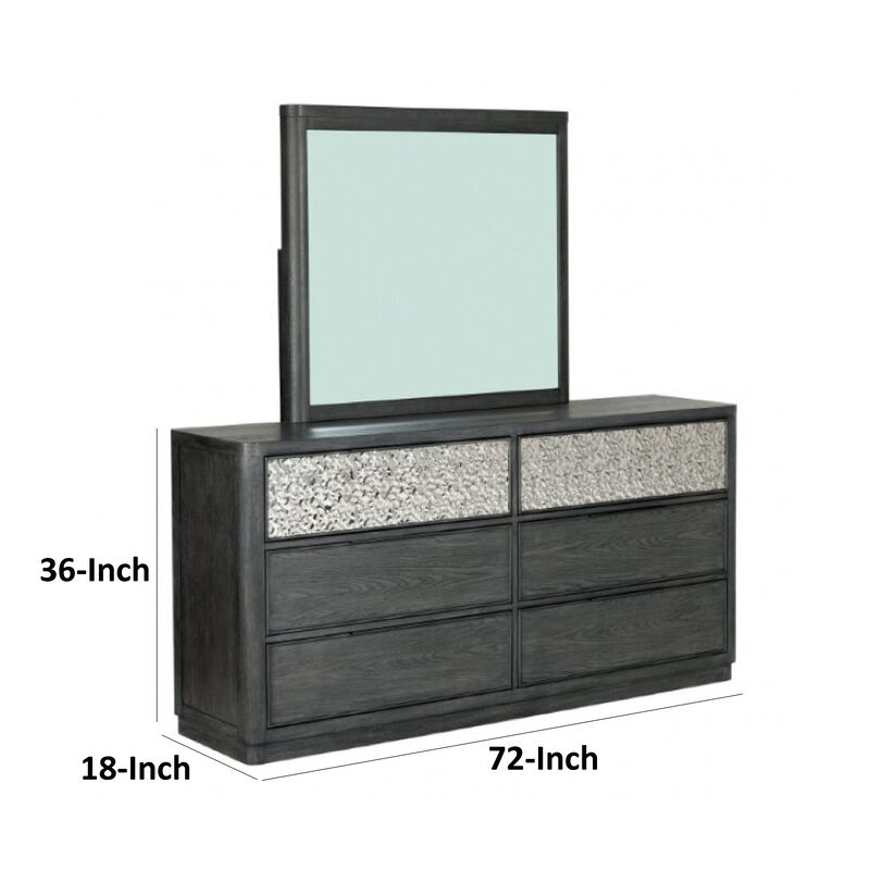 Zoko Wide Dresser with 5 Drawers, Textured Metal Accents, Ash Gray - Benzara