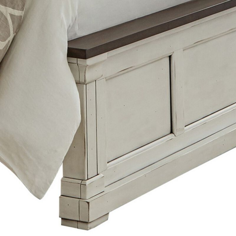 Ola Queen Panel Bed, Shutter Style Headboard, Molded Trim, White and Brown - Benzara