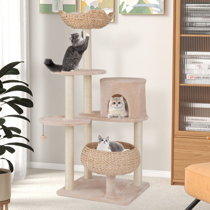 59" Cattail Cat Tower with Sisal Scratching Posts, Soft Hammock & Cozy Perches