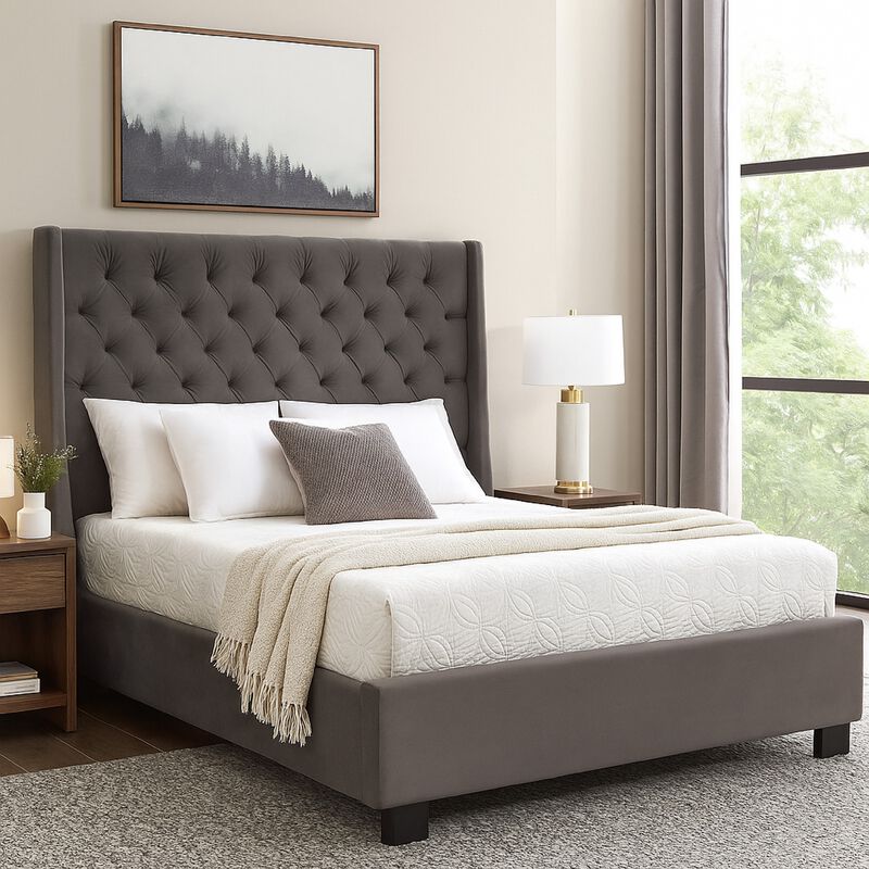 Zoa Queen Size Bed w Tufted Headboard, Smoke Gray Velvet Upholstery image number 5