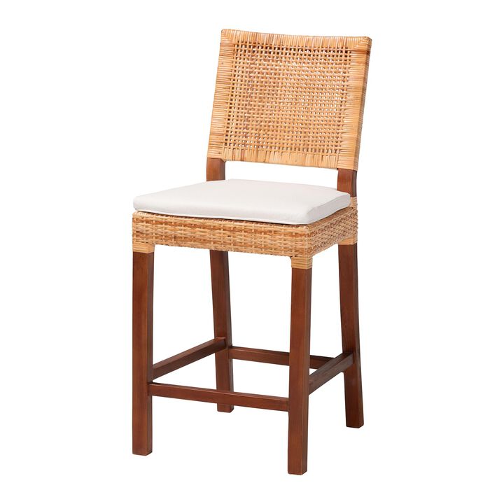 bali & pari Lesia Natural Rattan Counter Stool with Cushion - Handwoven Wicker Stool with Mahogany Wood Frame, Coastal Boho Style for Kitchen Island or Bar Seating