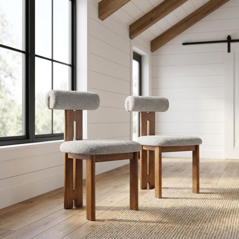 Boucle Fabric Upholstered Dining Chairs, French Oak Ivory, Set of 2 image number 3