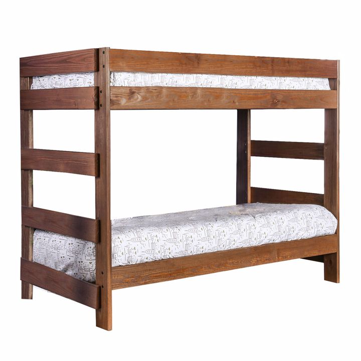 Wooden Twin over Twin Bunk Bed with Plank Style Design, Brown-Benzara