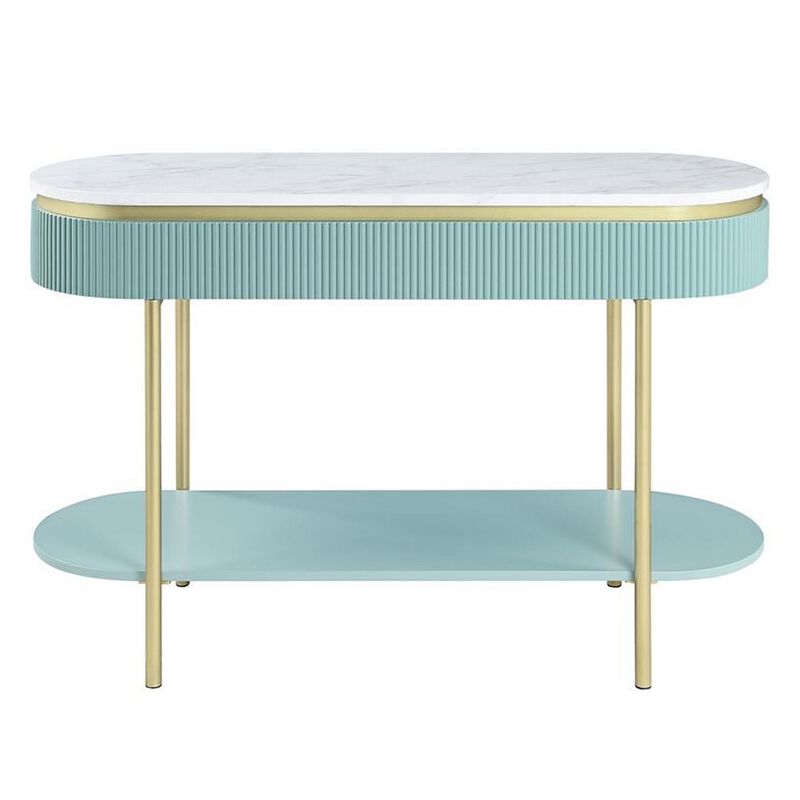 Ville 48 Inch Sofa Console Table, White Faux Marble Top, Teal Reeded Edge-Benzara