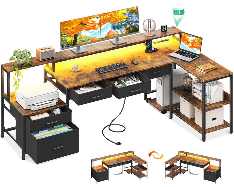 AODK L Shaped Desk with 5 File Drawers, 75 Reversible L Shaped Computer Desk with Power Outlet & LED Strip, Office Desk with S