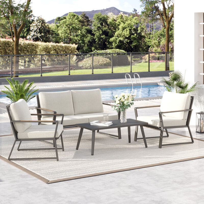 4 Piece Patio Furniture Set Aluminum Conversation Set Garden Sofa Set with Armchairs, Loveseat, Center Coffee Table and Cushions, Cream White