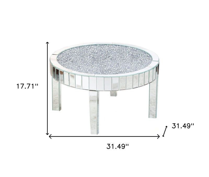 HomeRoots 31" Silver Mirrored Glass and Faux Crystal Round Coffee Table