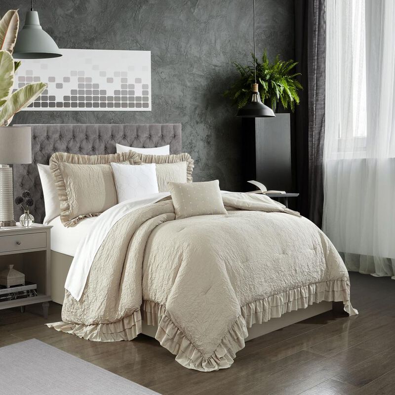 Chic Home Kensley Comforter Set Washed Crinkle Ruffled Flange Border Design Bed In A Bag Beige, Twin