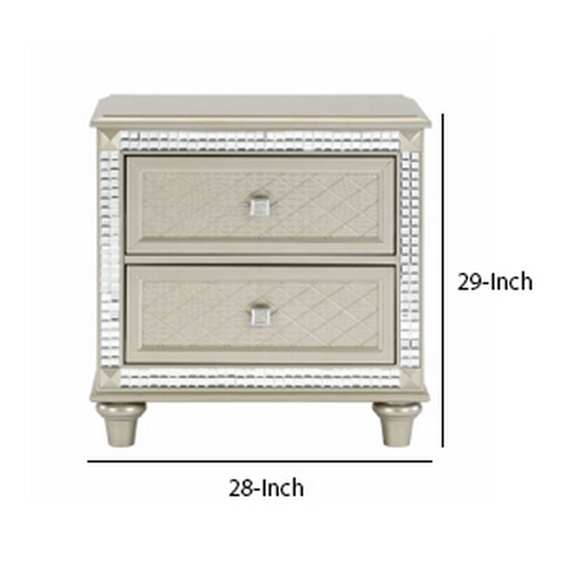 Juhi 29 Inch Nightstand, 2 Drawers, Acrylic Crystal Accents, Silver Trim-Benzara image number 5