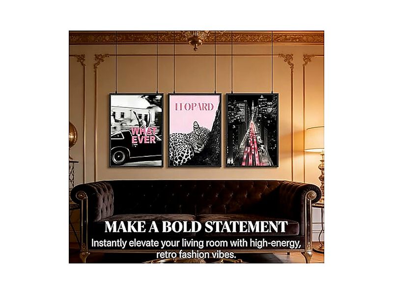 3 Pack Fashion Leopard Wall Art Pink Trendy Cheetah Convertible Car Poster image number 2