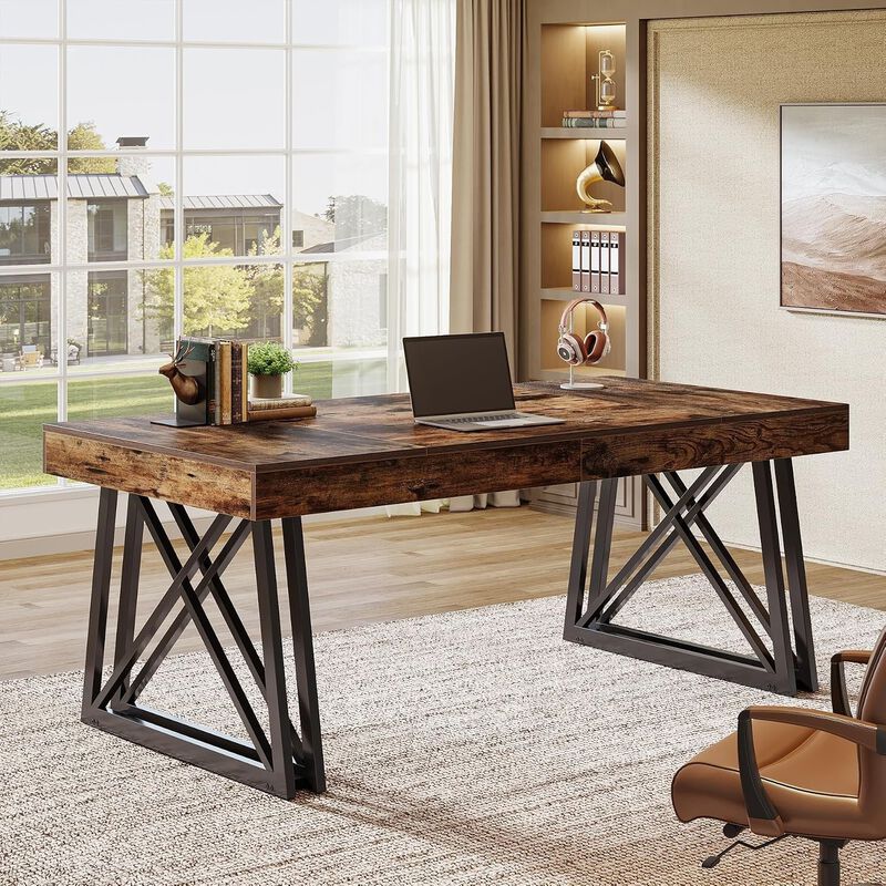 Tribesigns 63" Computer Desk, Farmhouse Office Executive Desk with X-Shaped Metal Legs, Large Home Office Desk and Writing Desk for Study Room, Rustic Industrial Wood Desk, 350 lb Capacity image number 9