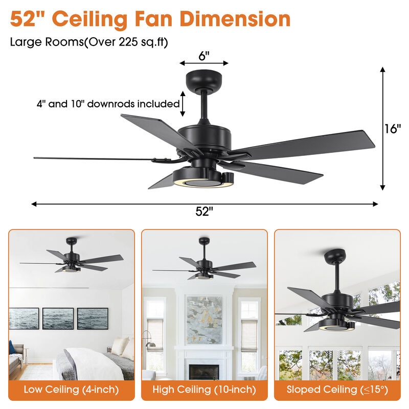 52 in. Matte Black Integrated LED Reversible Blades Ceiling Fan with Light and Remote