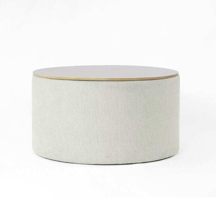 Mesy Storage Ottoman, 30 Inch Round Lift Tray Top, Light Gray Woven - Benzara