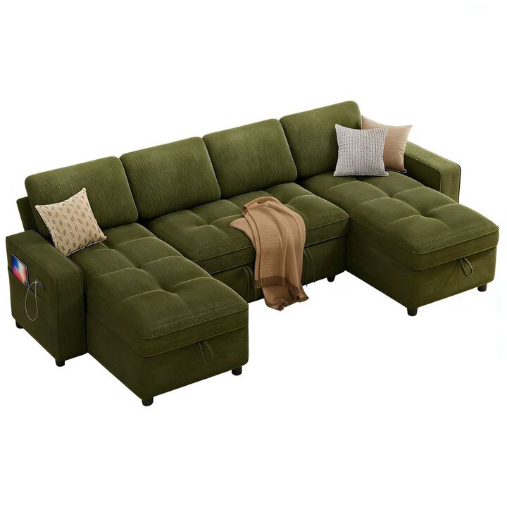 105" U-Shaped Sleeper Sofa Bed, Chenille Pull Out Couch with Reversible Storage Chaise, 5-Position
