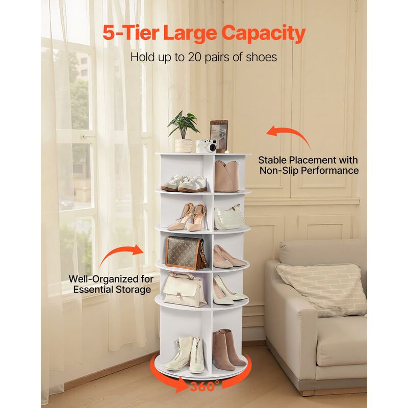 5 Tier Revolving Shoe Rack, Freestanding Round Shoe Storage Organizer - White image number 6