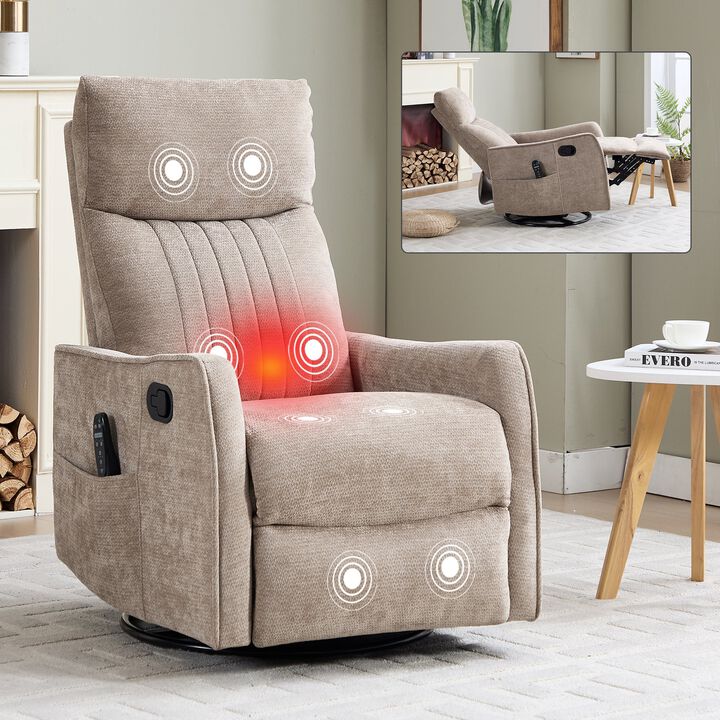 Chenille Manual Recliner Chair with Heat and Massage, Living Room Rocker and Swivel Chair