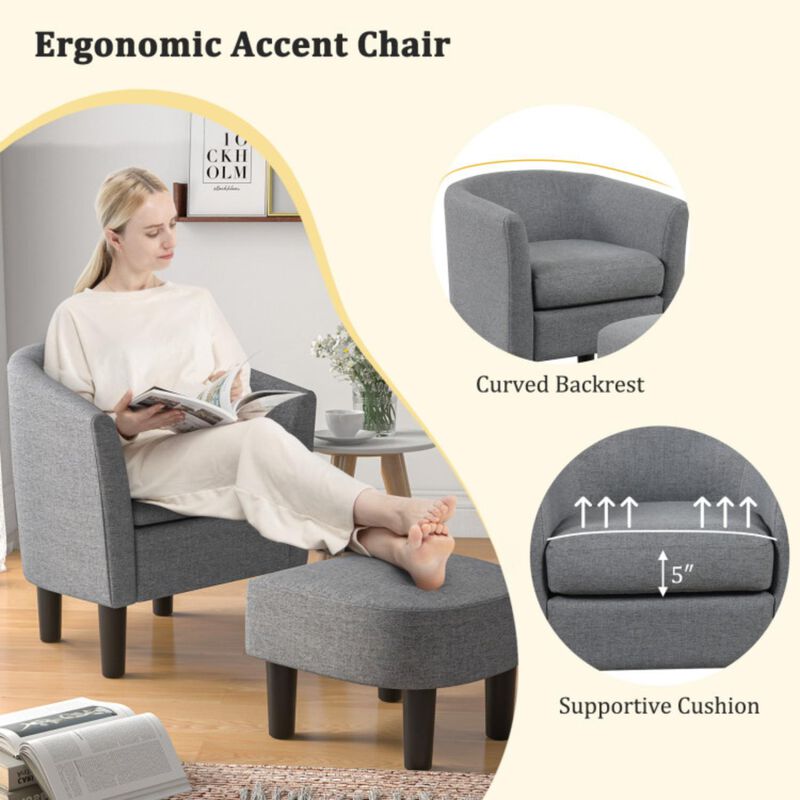 Hivvago Barrel Club Chair with Ottoman Set Linen Fabric Accent Chair with Footrest