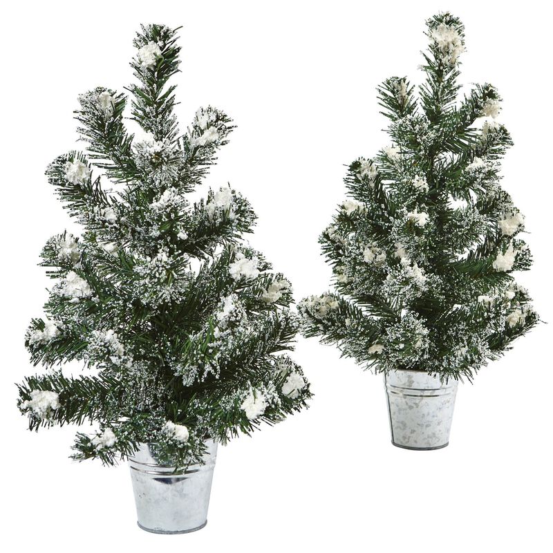 Nearly Natural 18-in Snowy Pine Tree with Tin (Set of 2) image number 0