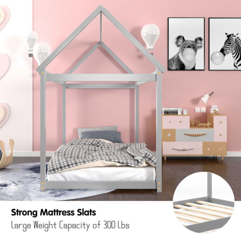 Hivvago Twin Size Kids House Bed Wood Frame with Roof