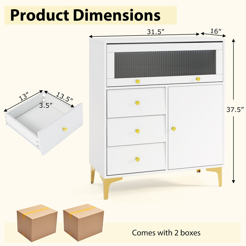Fluted Glass Storage Chest with Flip-Up Door and Drawers – Modern Design
