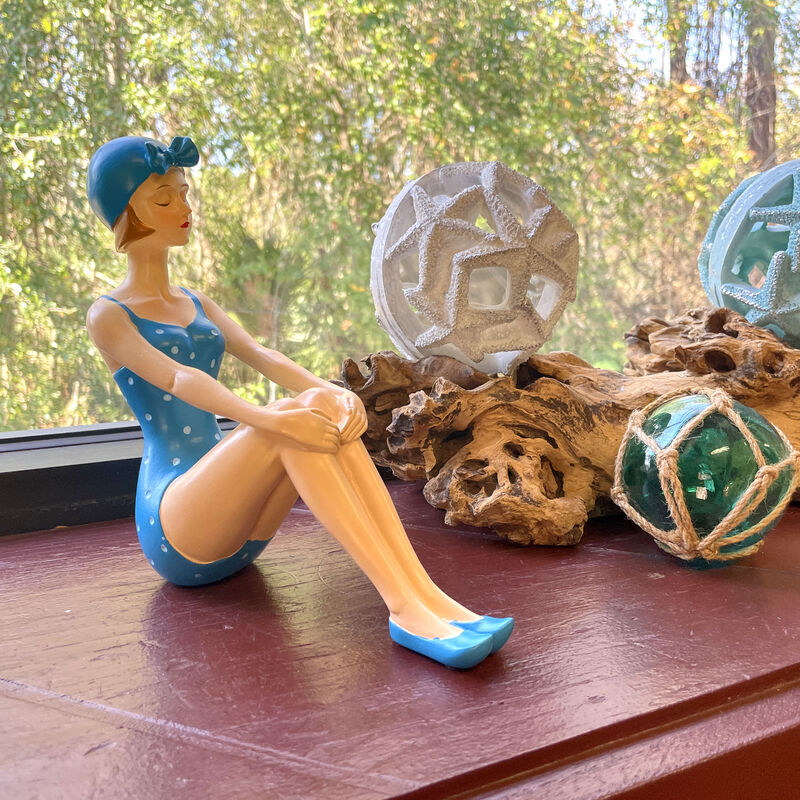 Retro Beach Beauty Sunbathing Figurine Aegean Blue Polka Dot Pinup 7.5 inch image number 7