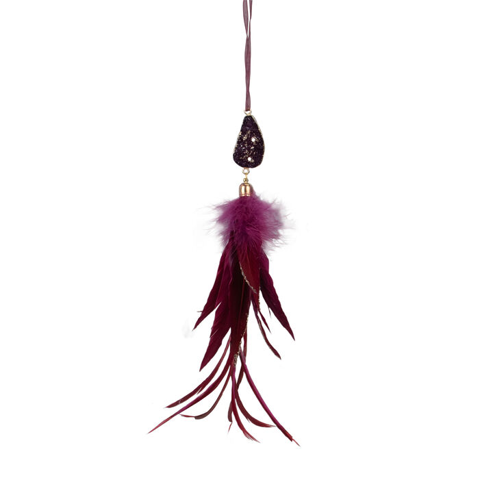 9" Plum Red Feather and Gemstone Pendant Christmas Ornament