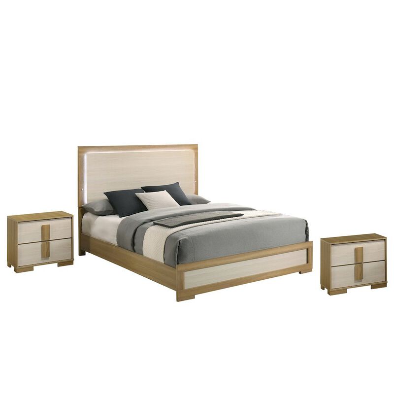 Best Quality Furniture 3 piece - Beige wood bedroom set (bed+2Night stands), Queen