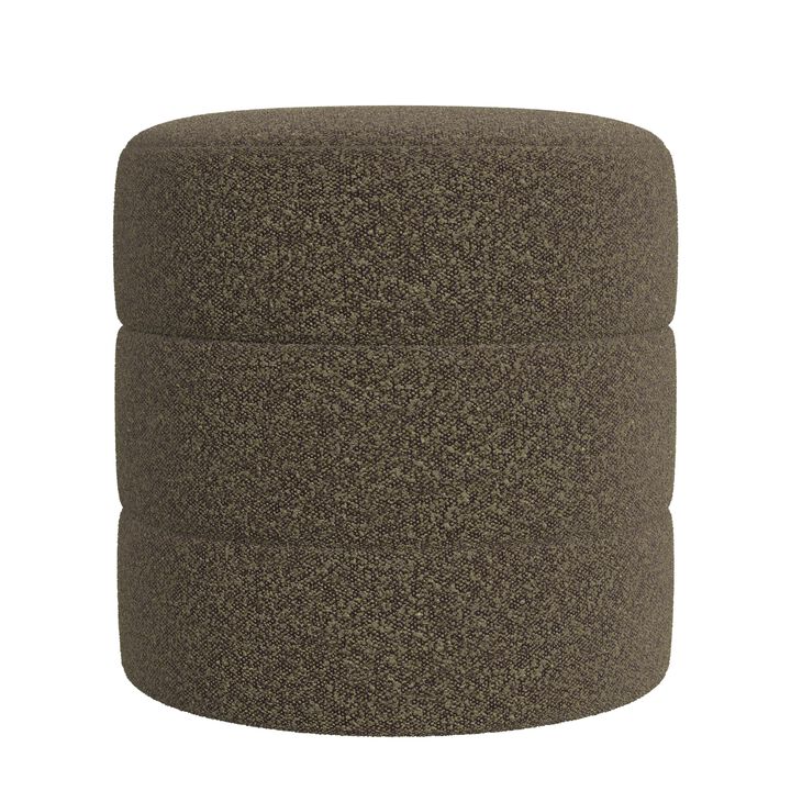 Sem Round Accent Ottoman, Dark Brown Channel Stitched Boucle 18 Inch