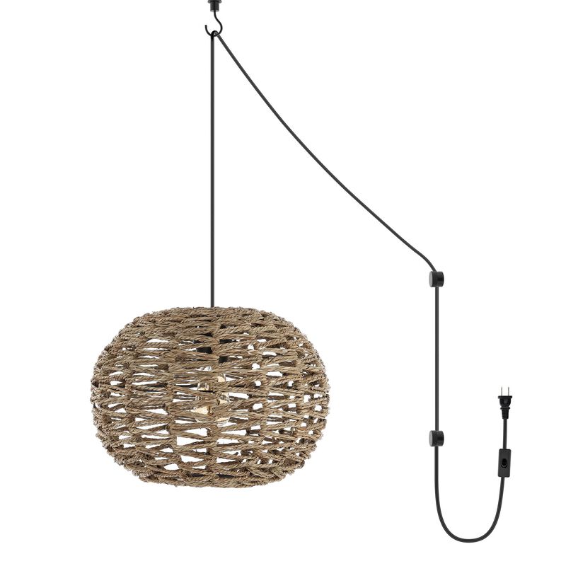 Isla 1-Light Farmhouse Coastal Rattan 180" Cord Plug-In or Hardwired LED Pendant