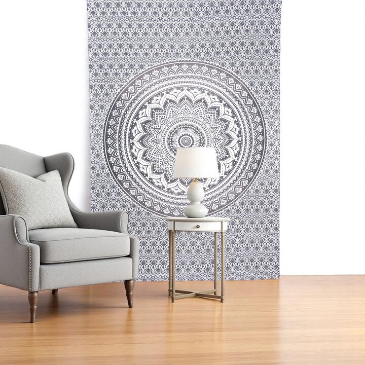 HomeRoots 80" X 56" Black And White Mandala Cotton Hanging Tapestry