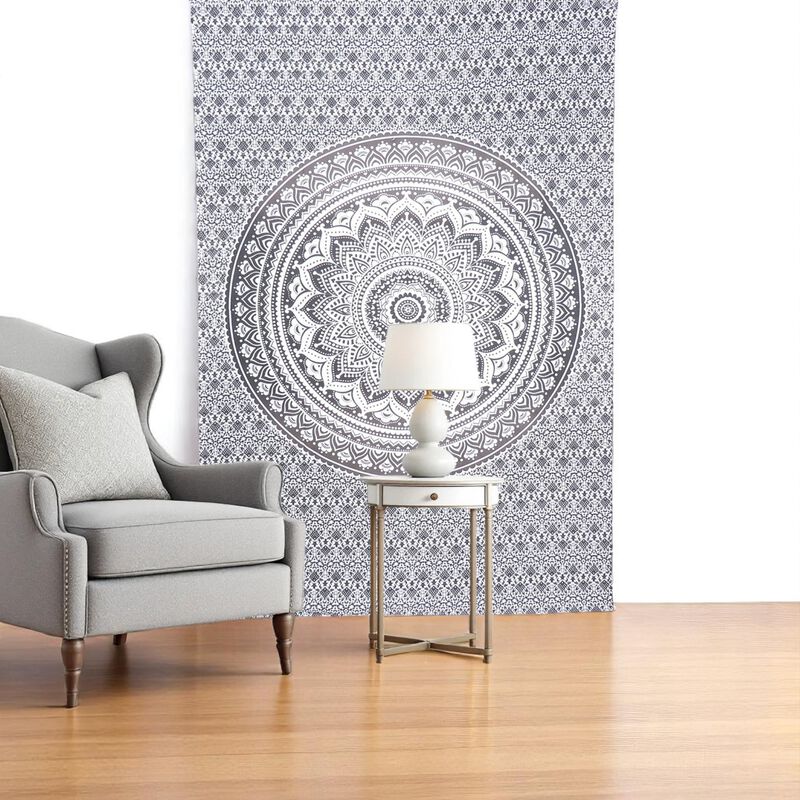 HomeRoots 80" X 56" Black And White Mandala Cotton Hanging Tapestry image number 1