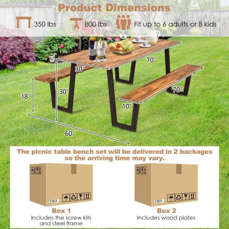 Hivvago Modern Wooden Picnic Table with 2 Benches Outdoor Patio Dining Set