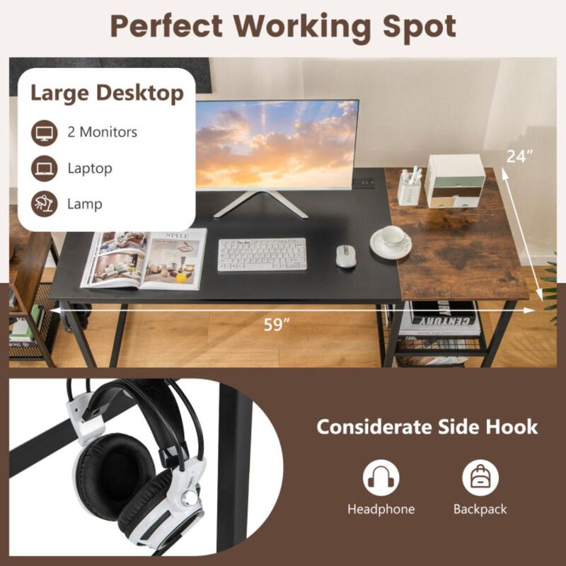 Hivvago 59 Inch Industrial Computer Desk with 2 Tier Storage Shelves for Home Office