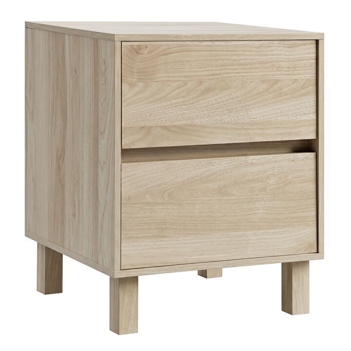 Modern Wooden End Table with 2 Storage Drawers for Bedroom Living Room Use-Natural