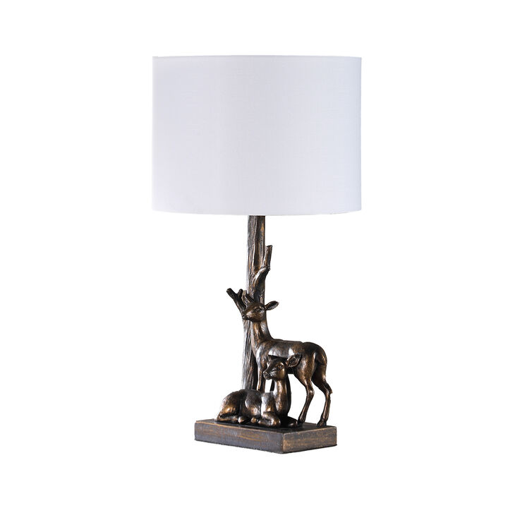 20 Inch Accent Table Lamp, Dual Roe Deer Design, White Drum Shade, Bronze - Benzara