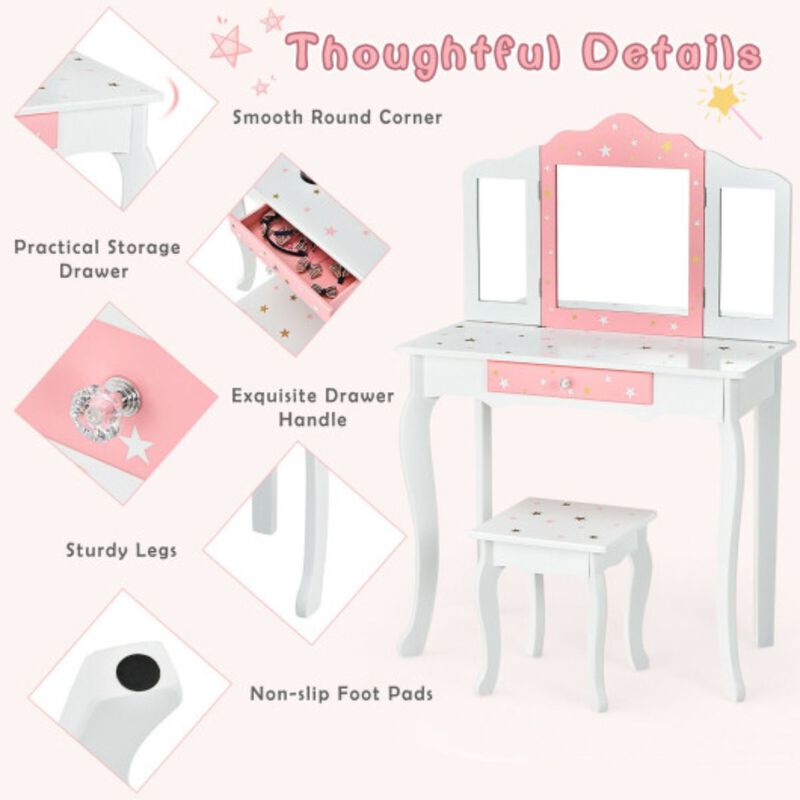 Kids Princess Vanity Table and Stool Set with Tri-folding Mirror and Drawer image number 4