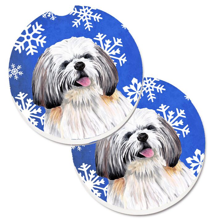 Caroline's Treasures Shih Tzu Winter Snowflakes Holiday Set of 2 Cup Holder Car Coasters SC9383CARC, 2.56, Multicolor