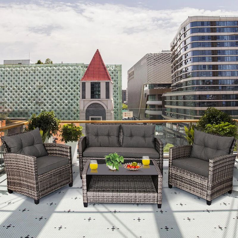 Mondawe 4 Pieces Patio Rattan Furniture Set with Coffee Table and Cushioned Sofa