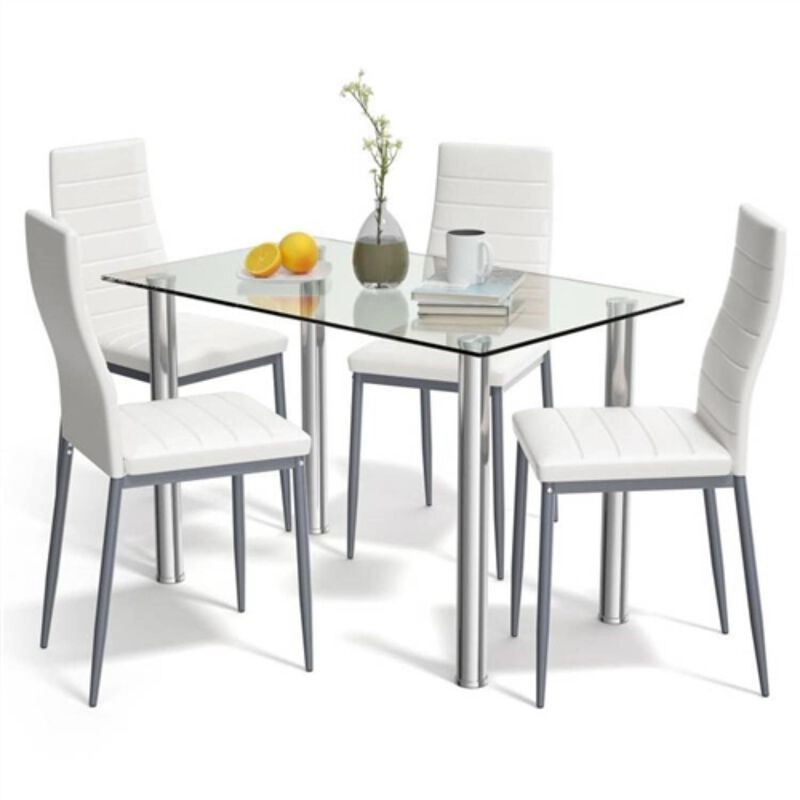 Hivvago Modern 5 Piece Dining Set with Glass Top Table and 4 White PVC Leather Chairs