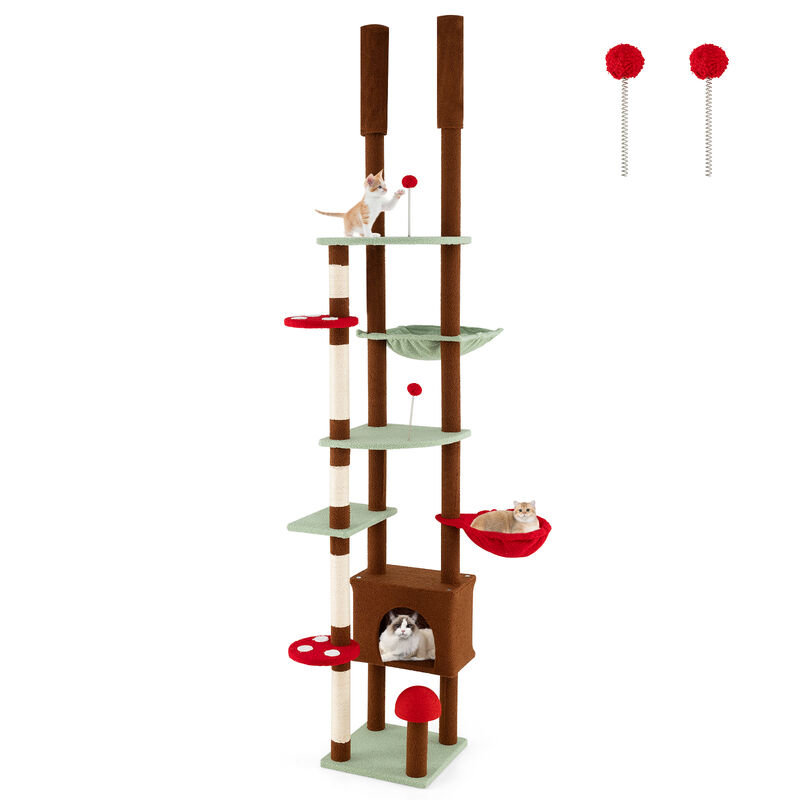 Mushroom Themed Floor to Ceiling Cat Tree with Adjustable Height, Condo, and Hammock-Brown image number 3
