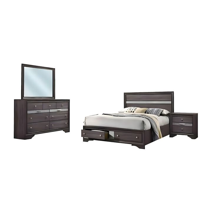 Cevy 4pc Queen Bedroom Set with Dresser, Silver Accents, Gray Wood
