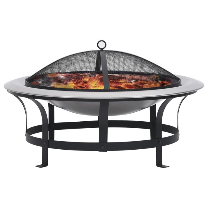 vidaXL Outdoor Fire Pit with Grill 29.9 Inch - Rust Resistant, Weatherproof Steel Construction, Safety Mesh, Wood-Handled Poker, Ideal for Deck, Patio, Backyard Use